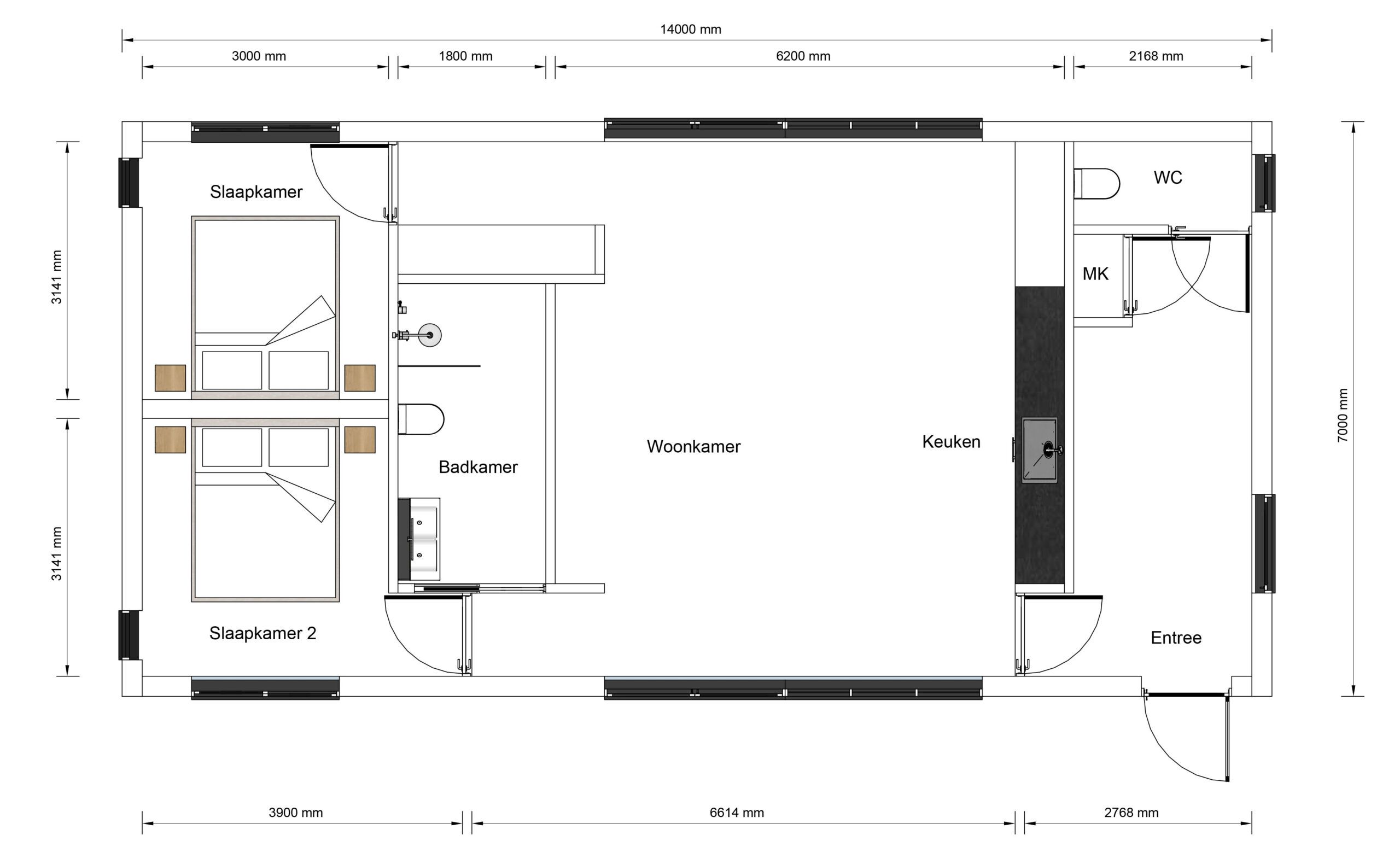 Mantelzorgwoning model Valiera Plat dak Plattegrond
