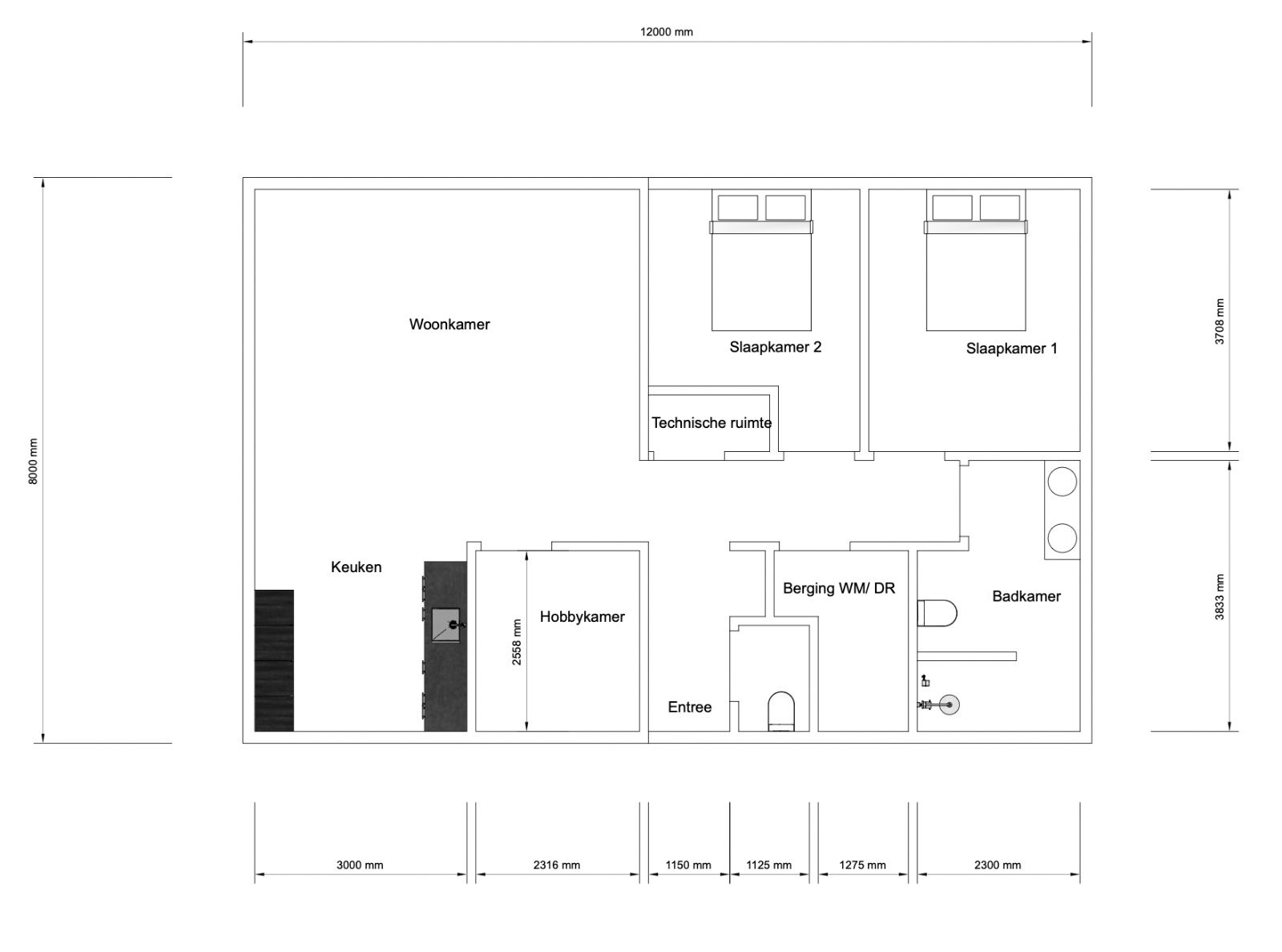 Plattegrond mantelzorgwoning 100 m2 met 2 slaapkamers