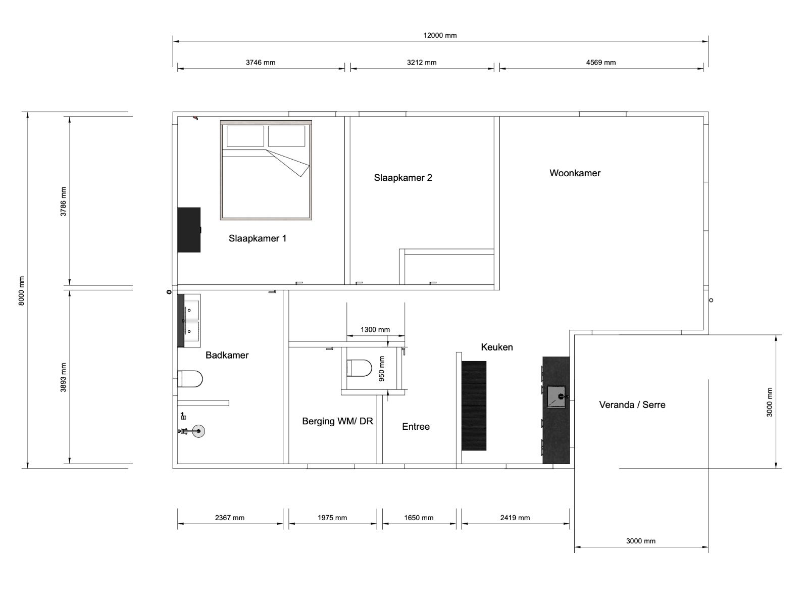 Plattegrond Mantelzorgwoning 100m2 met veranda