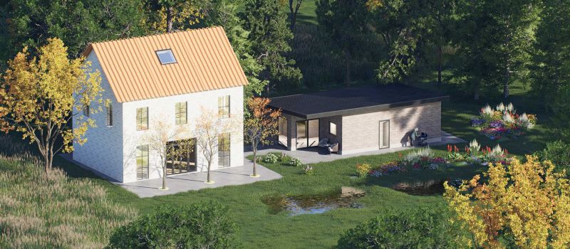 Mantelzorgwoning model Dalora lessenaarsdak Voorkant